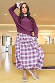 Roberta Plaid Brushed Cotton Balloon Hem Skirt Aubergine